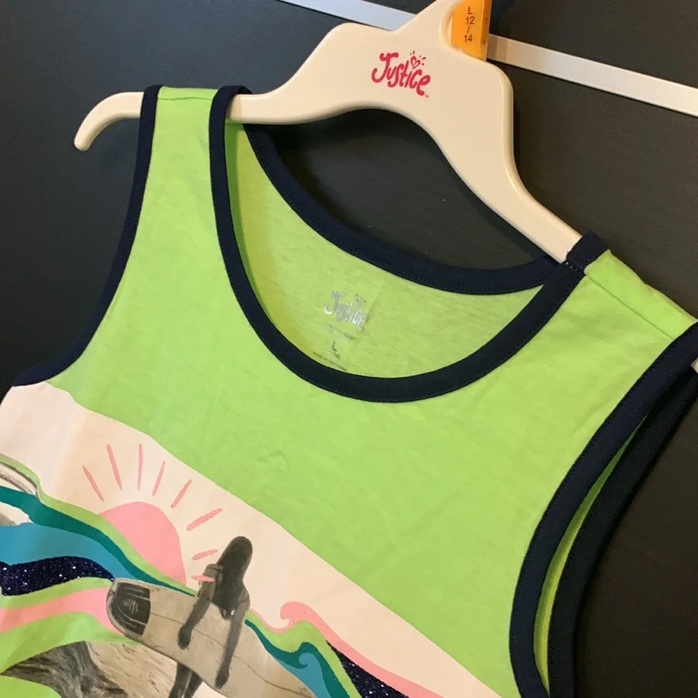 NWOT - Justice Girls Lime Green Graphic Tank Top